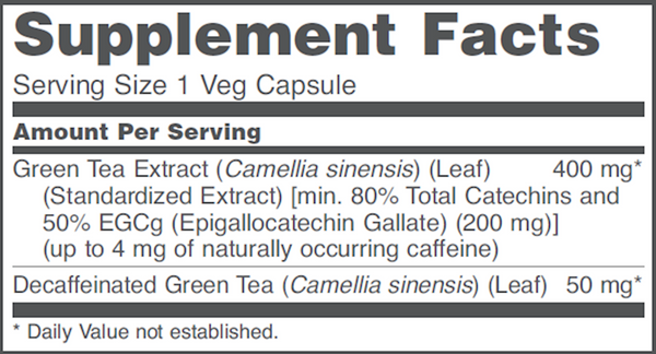 EGCg Green Tea Extract Supplement Facts Label