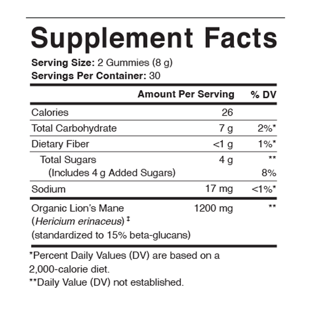 Lion's Mane Focus Support Gummy Supplement Facts Label