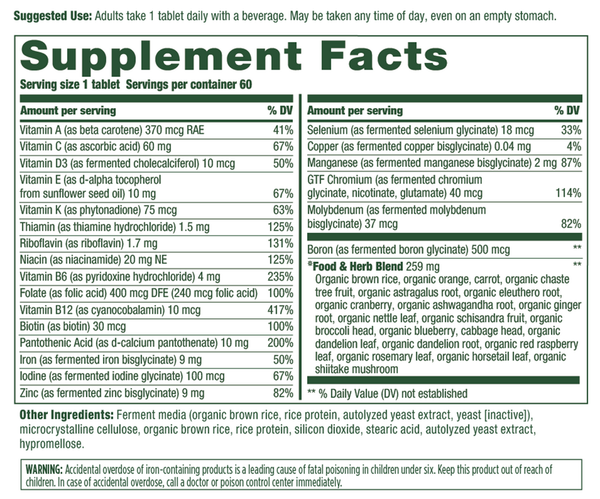 Women's One Daily 60 Count Supplement Facts Label