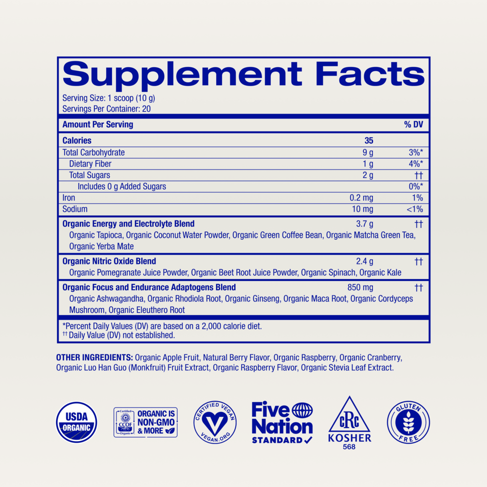 Renewable Energy: Organic Pre-Workout Powder Supplement Facts Label