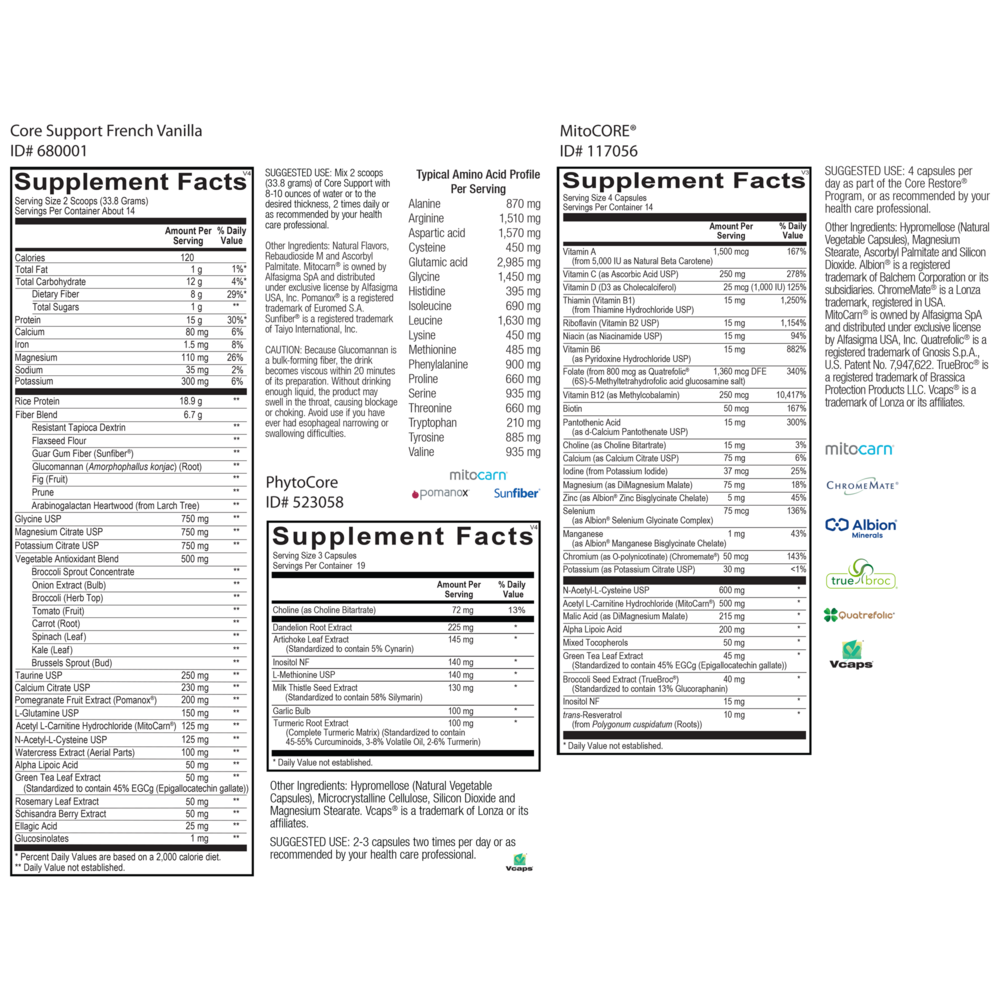 Core Restore Kit Chocolate Or Vanilla Supplement Facts Label