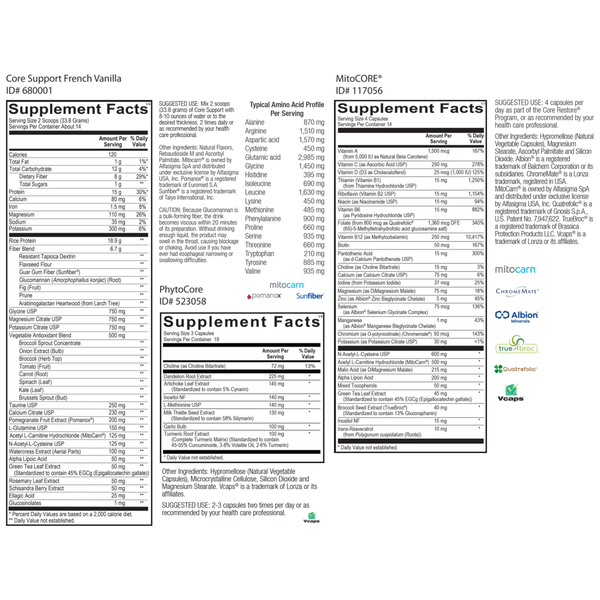 Core Restore Kit Chocolate Or Vanilla Supplement Facts Label