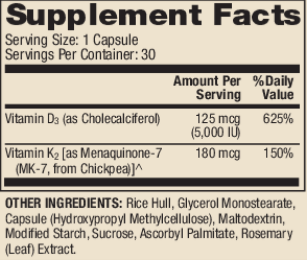Vitamins D3 & K2 Supplement Facts Label