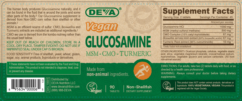 Vegan Glucosamine/MSM/CMO Supplement Facts Label