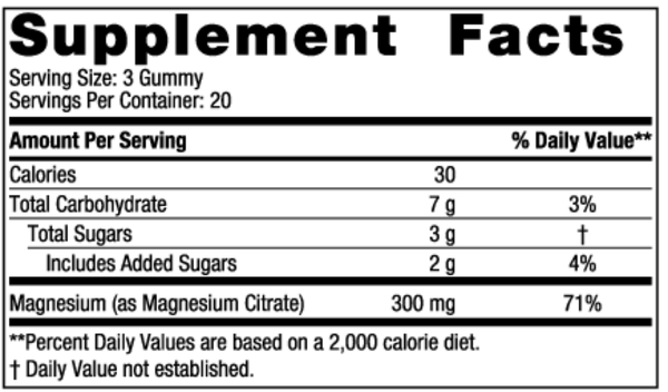 Magnesium Gummies Supplement Facts Label