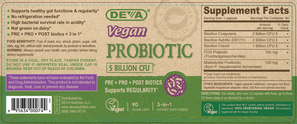 Vegan Probiotic with Prebiotics and Postbiotics Supplement Facts Label