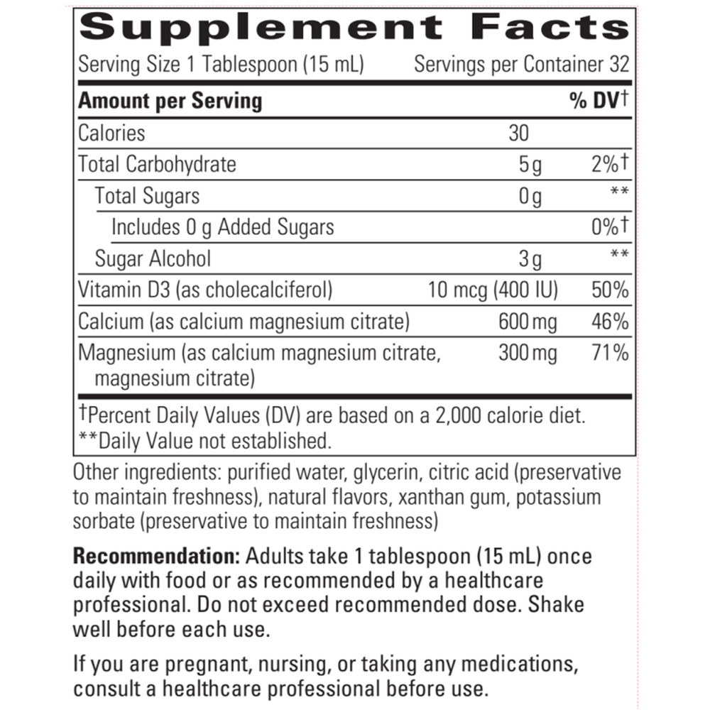 Liquid Calcium / Magnesium 2:1 Orange Vanilla Flavor 16oz Supplement Facts Label