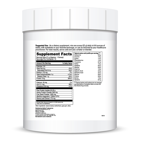 Vegan Protein Creamy Vanilla Supplement Facts Label