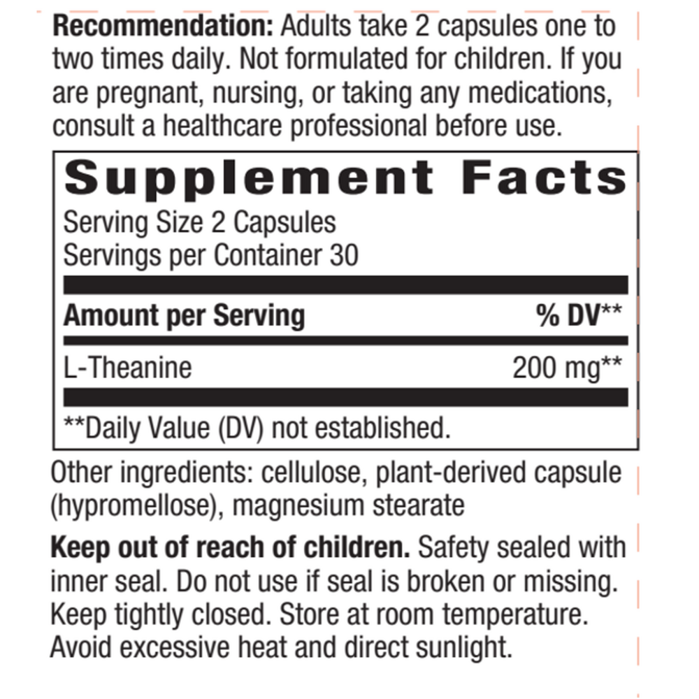 L-Theanine Veg Capsules Supplement Facts Label