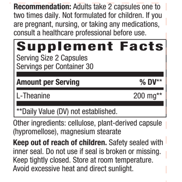 L-Theanine Veg Capsules Supplement Facts Label