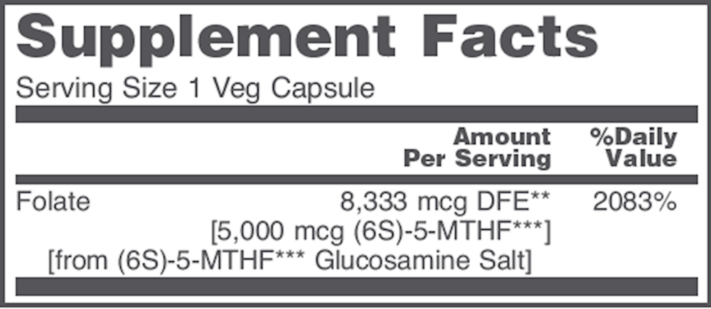 5 Methyl Folate 5,000 mcg Supplement Facts Label