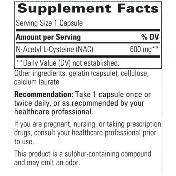 NAC (N-Acetyl L-Cysteine) Supplement Facts Label