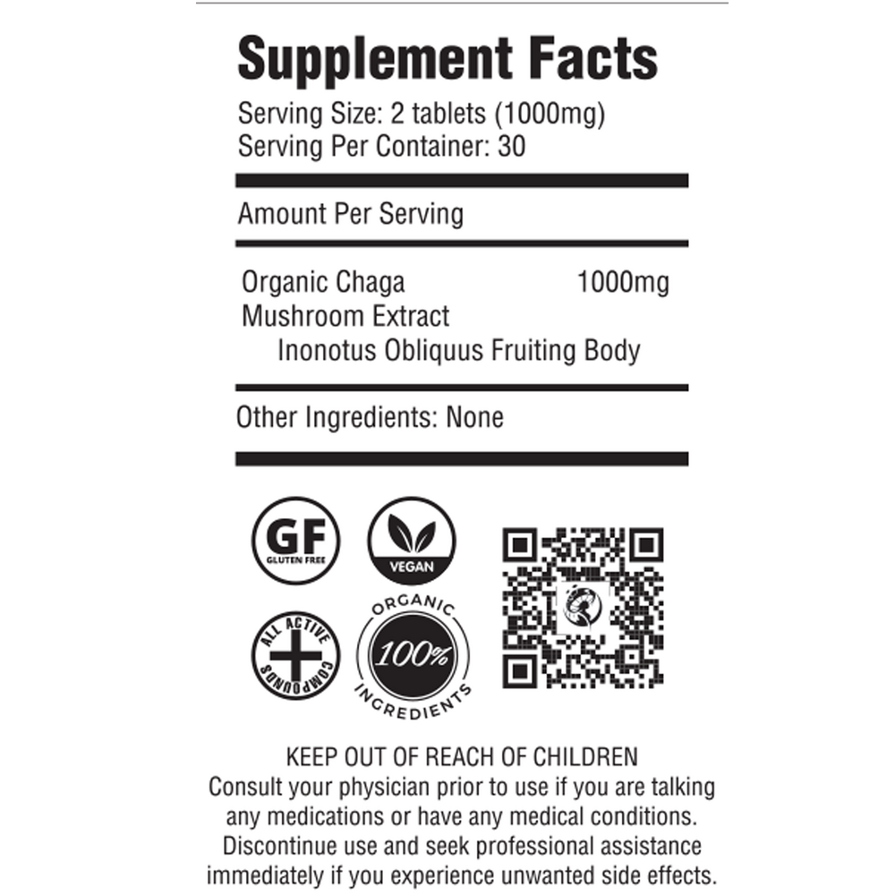Chaga Mushroom Extract Supplement Facts Label