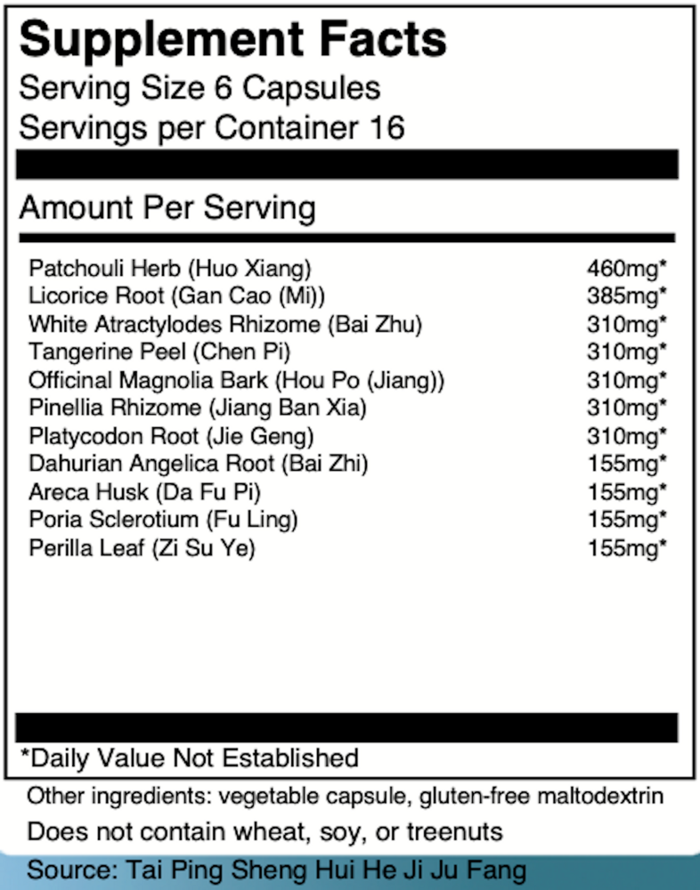 Huo Xiang Zheng Qi San Supplement Facts Label