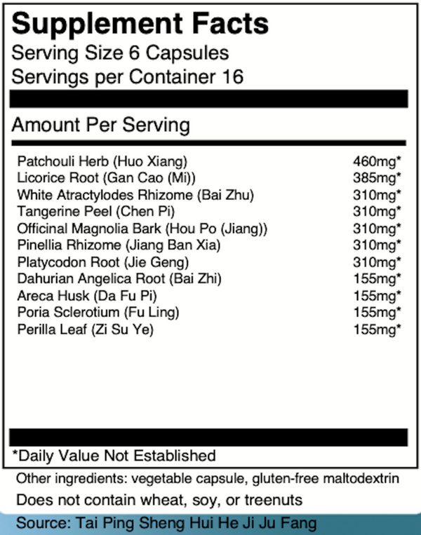 Huo Xiang Zheng Qi San Supplement Facts Label