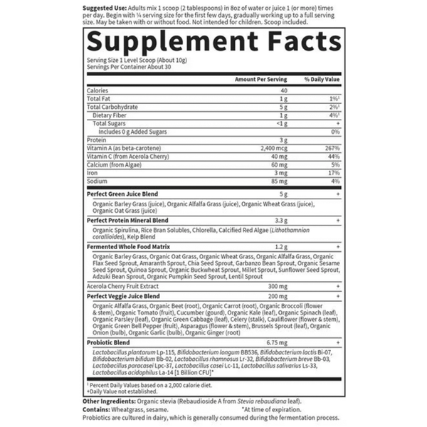Perfect Food Super Green Formula Supplement Facts Label