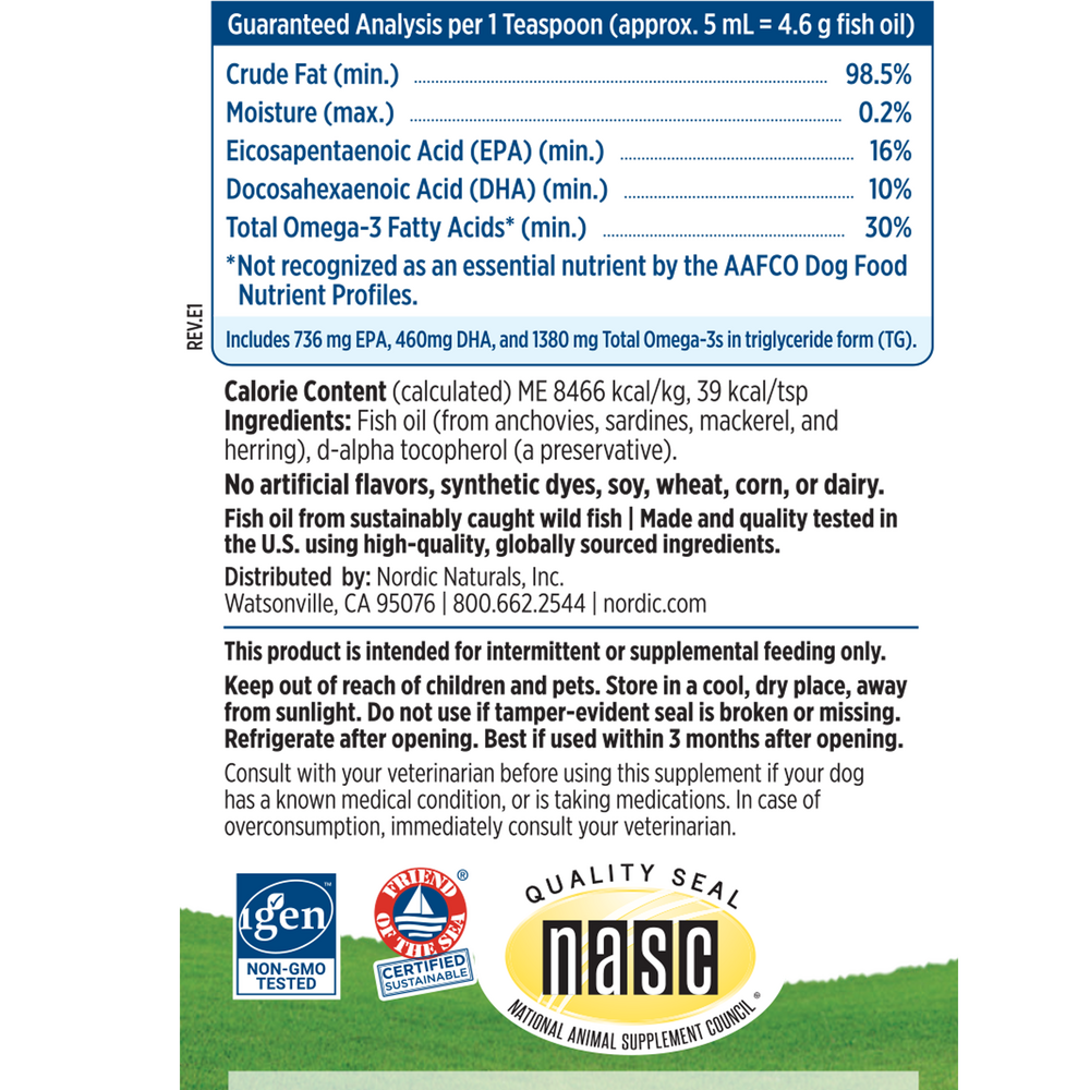 Omega-3 Pet Fluid 16 oz. Supplement Facts Label
