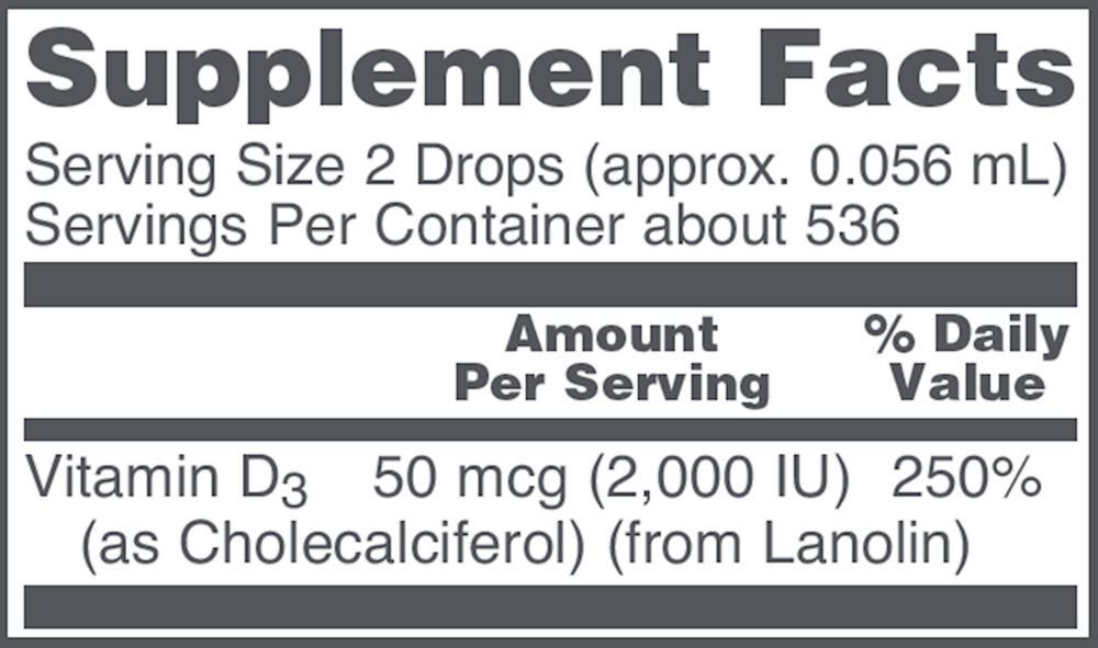 Liquid Vitamin D-3 2,000 IU Supplement Facts Label
