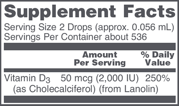 Liquid Vitamin D-3 2,000 IU Supplement Facts Label