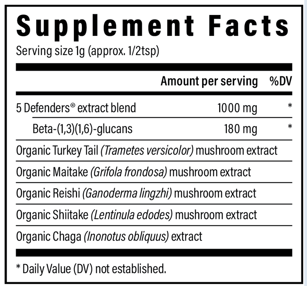 5 Defenders Mushroom Extract Blend Powder Supplement Facts Label