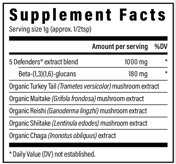 5 Defenders Mushroom Extract Blend Powder Supplement Facts Label