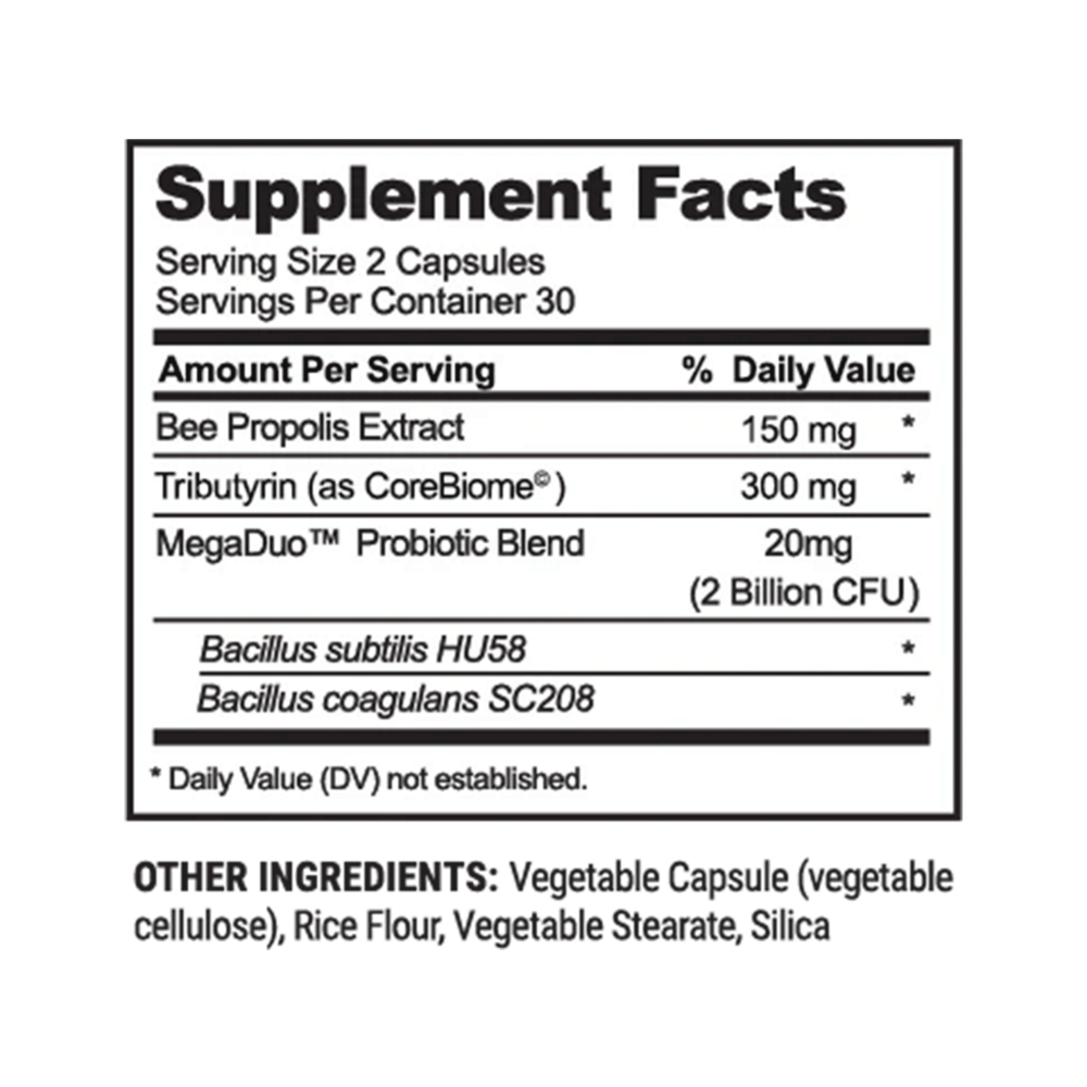 Propolis Complete Gut Health Supplement Facts Label