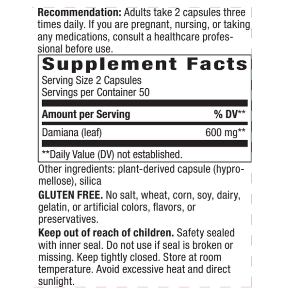 Damiana Leaves 400 mg Supplement Facts Label