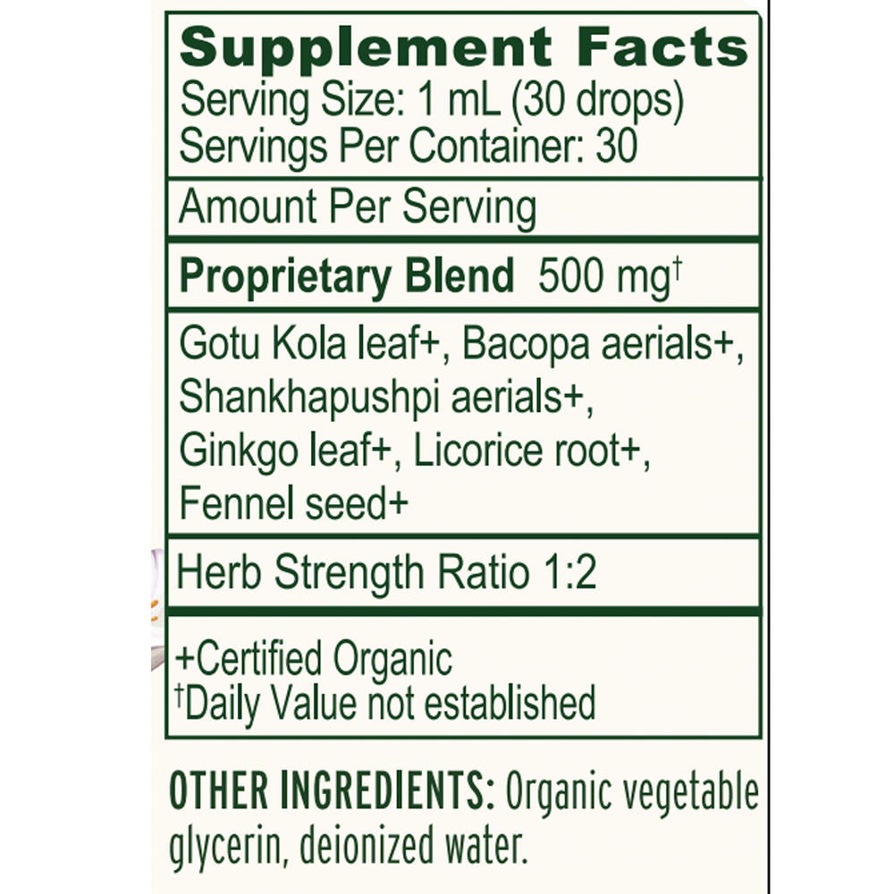 Focus Liquid Extract Organic Supplement Facts Label