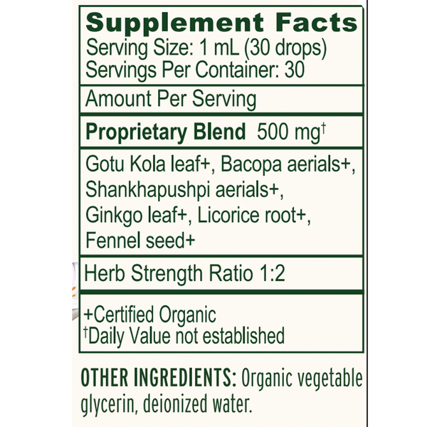 Focus Liquid Extract Organic Supplement Facts Label