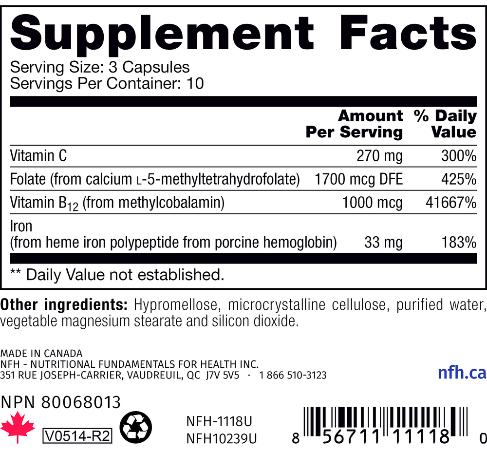 Heme Iron SAP 30 Count Supplement Facts Label