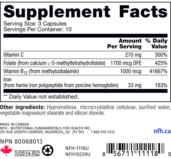 Heme Iron SAP 30 Count Supplement Facts Label