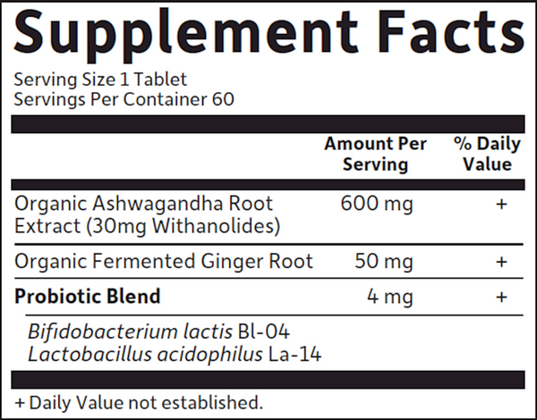 Organics Ashwaganda Stress & Mood Supplement Facts Label