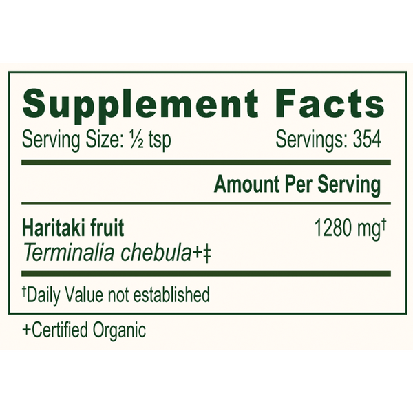 Haritaki Fruit Powder Organic Supplement Facts Label