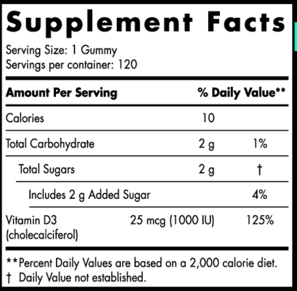 Vitamin D3 Gummies Sport 120 Gummies Wild Berry Supplement Facts Label