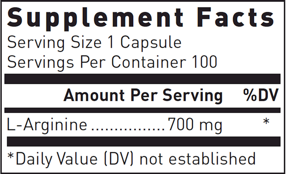 L-Arginine 700 mg. (100 Count) Supplement Facts Label
