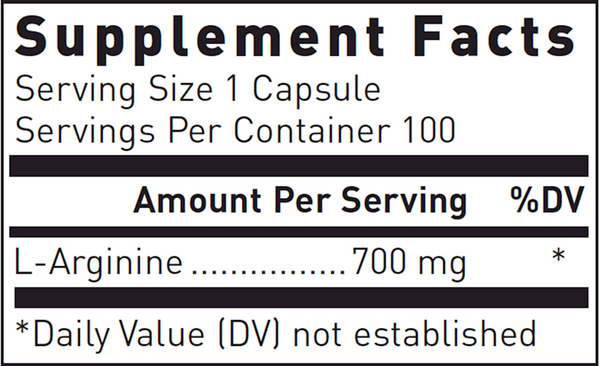 L-Arginine 700 mg. (100 Count) Supplement Facts Label