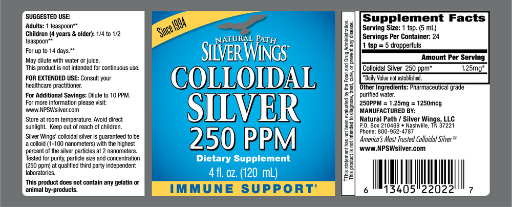 Colloidal Silver 250PPM Dropper Supplement Facts Label