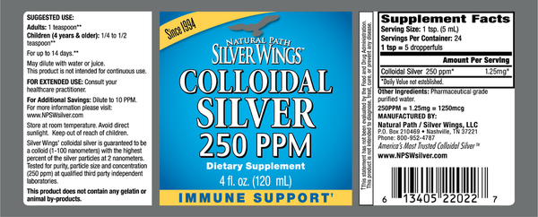 Colloidal Silver 250PPM Dropper Supplement Facts Label