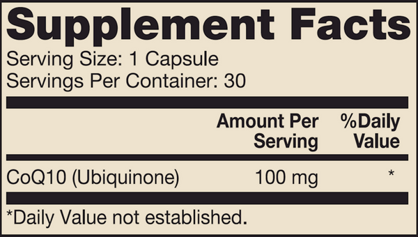Liposomal COQ10 Supplement Facts Label