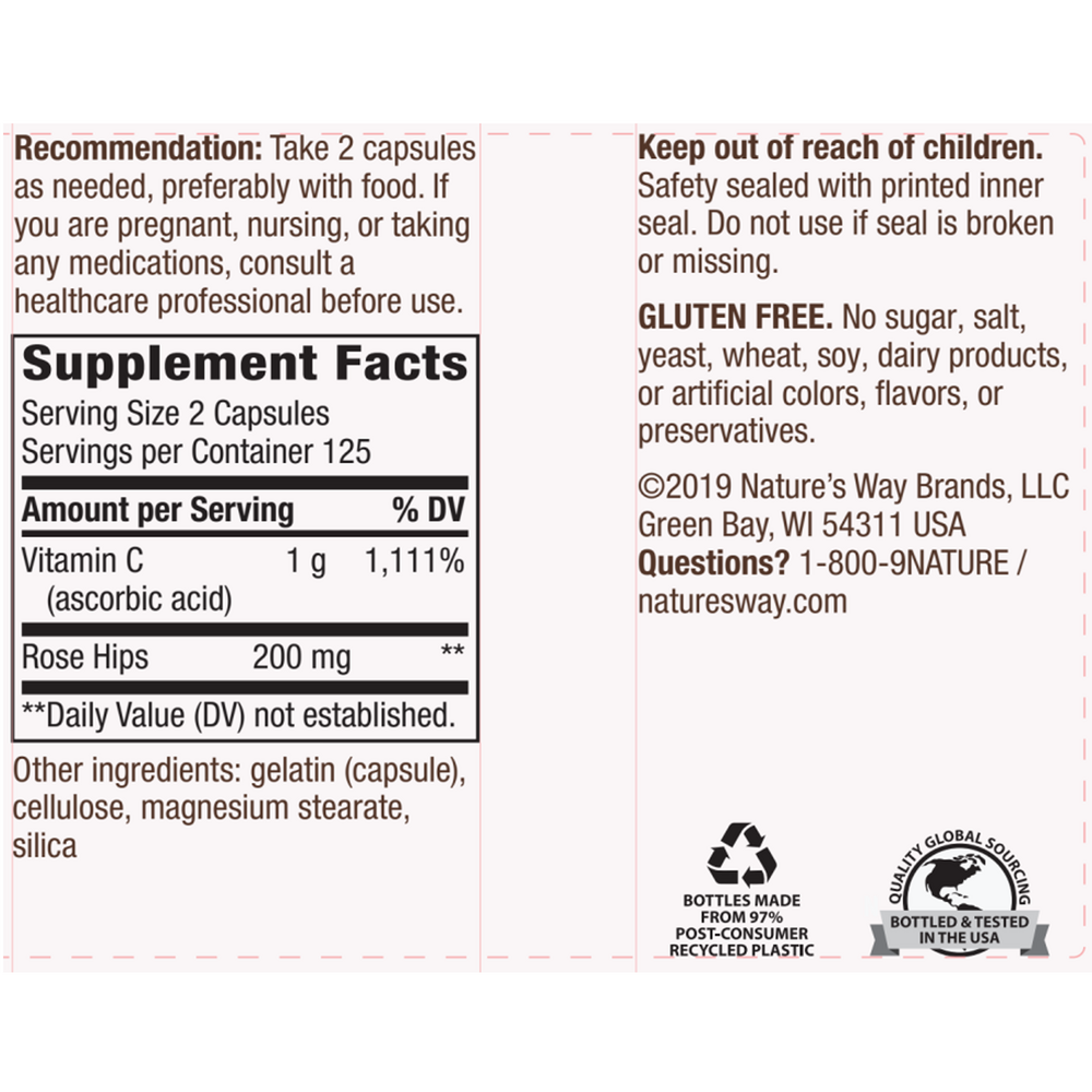Vitamin C-500 with Rose Hips Supplement Facts Label