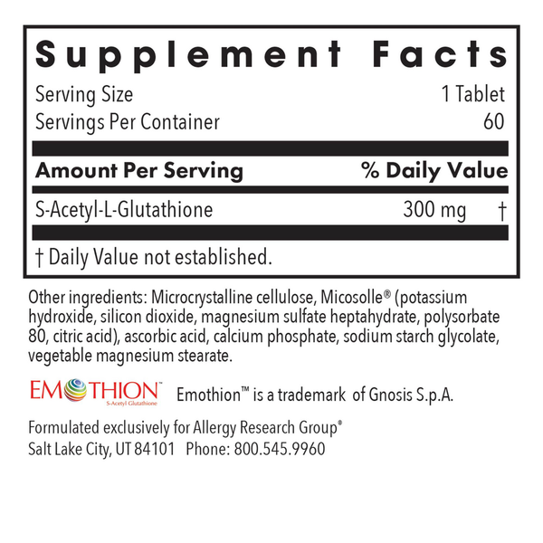 Acetyl-Glutathione 300 mg Supplement Facts Label