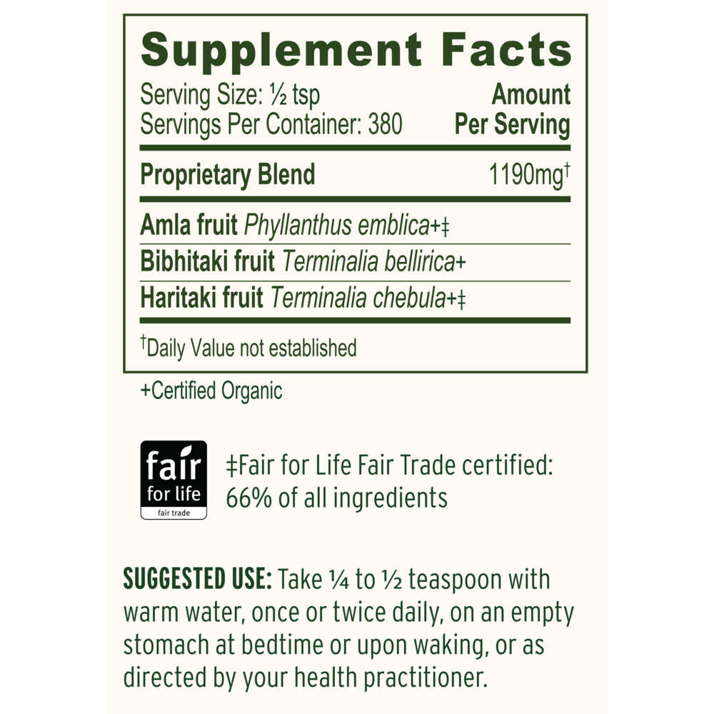 Triphala Powder Organic Supplement Facts Label