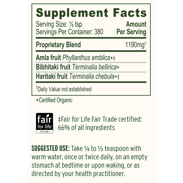 Triphala Powder Organic Supplement Facts Label