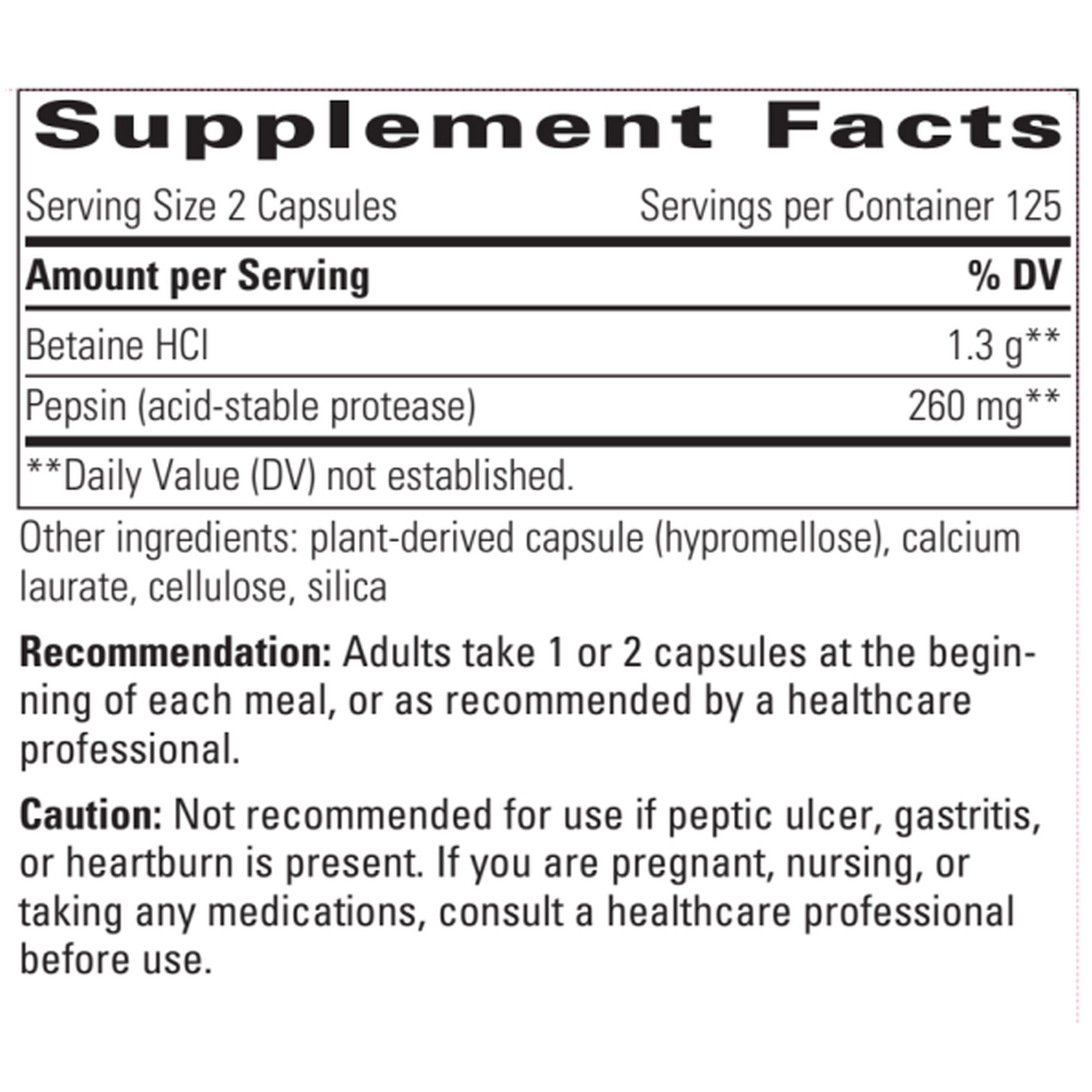 Betaine HCl Supplement Facts Label