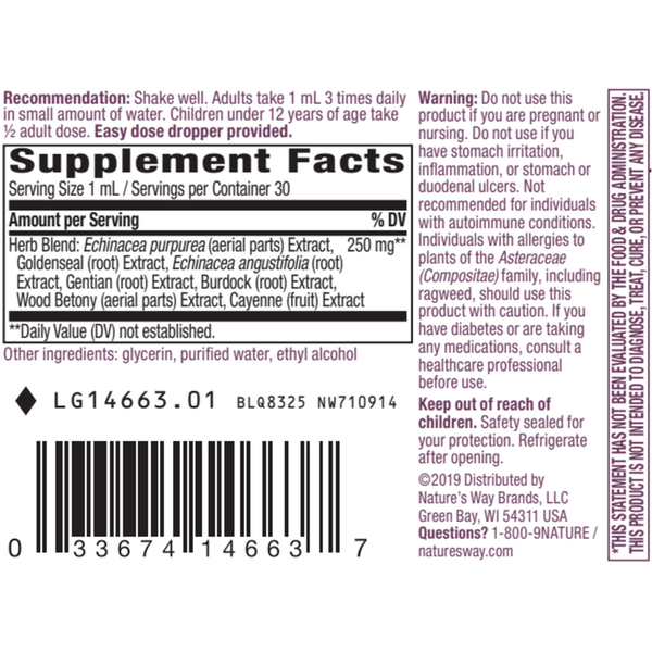 Echinacea Goldenseal Alcohol Free Supplement Facts Label