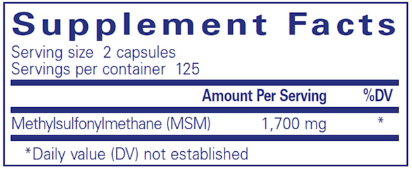 MSM Capsules 250 Count Supplement Facts Label