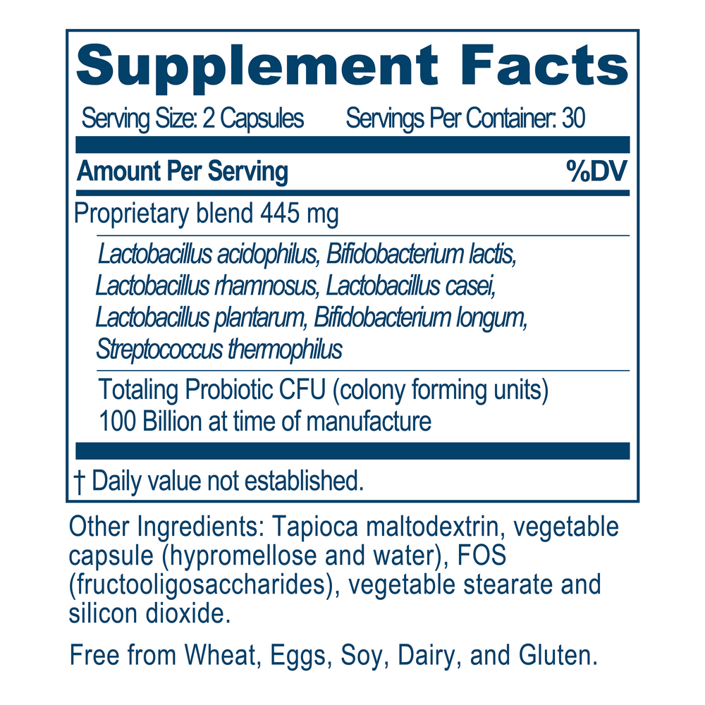 Probiotic 100B Supplement Facts Label