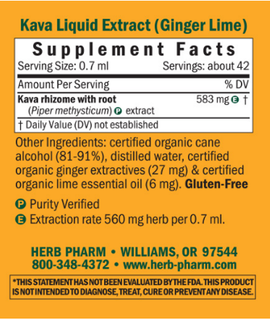Kava Calming & Stabilizing Ginger Lime Supplement Facts Label