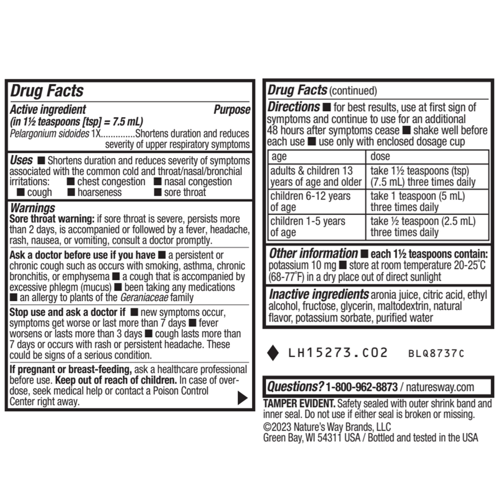 Umcka ColdCare Cherry Syrup Supplement Facts Label