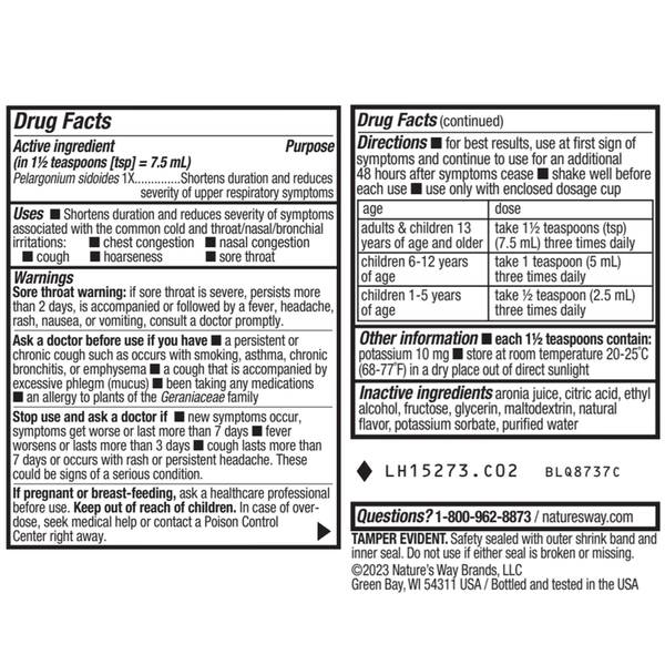 Umcka ColdCare Cherry Syrup Supplement Facts Label